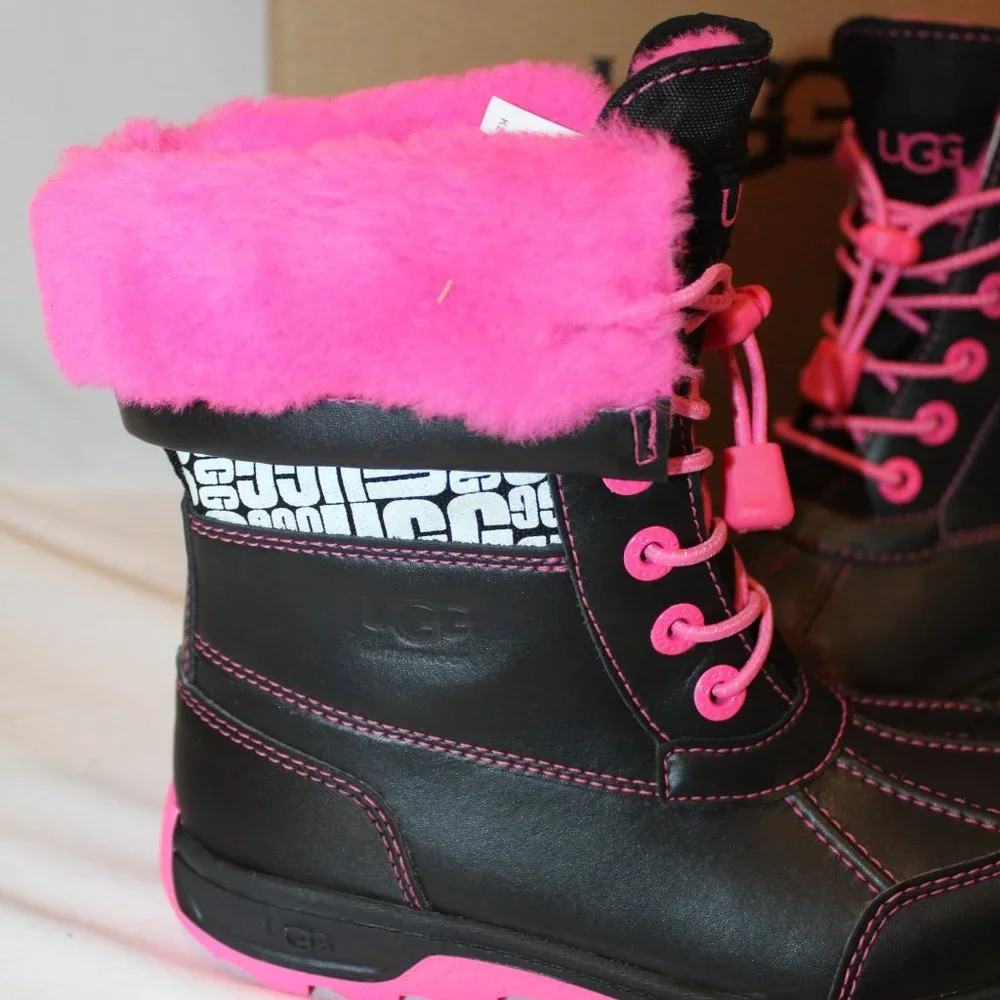 NIB UGG BUTTE WATERPROOF LEATHER‎ SHEARLING LINED WINTER ANKLE BOOTS BLACK PINK